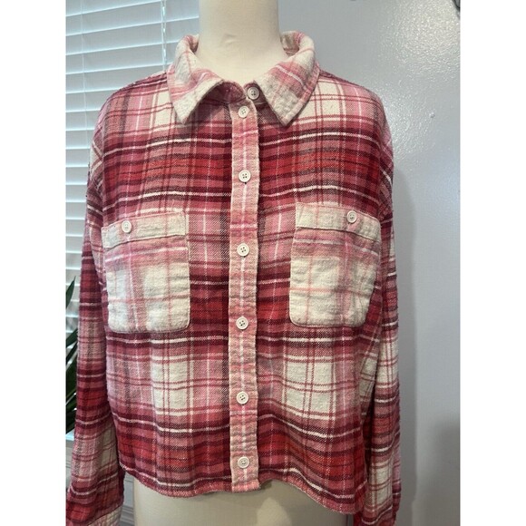 American Eagle Cropped Flannel Shirt Large Pink Grunge Girly Cute 90s Y2K Casual - Picture 2 of 8